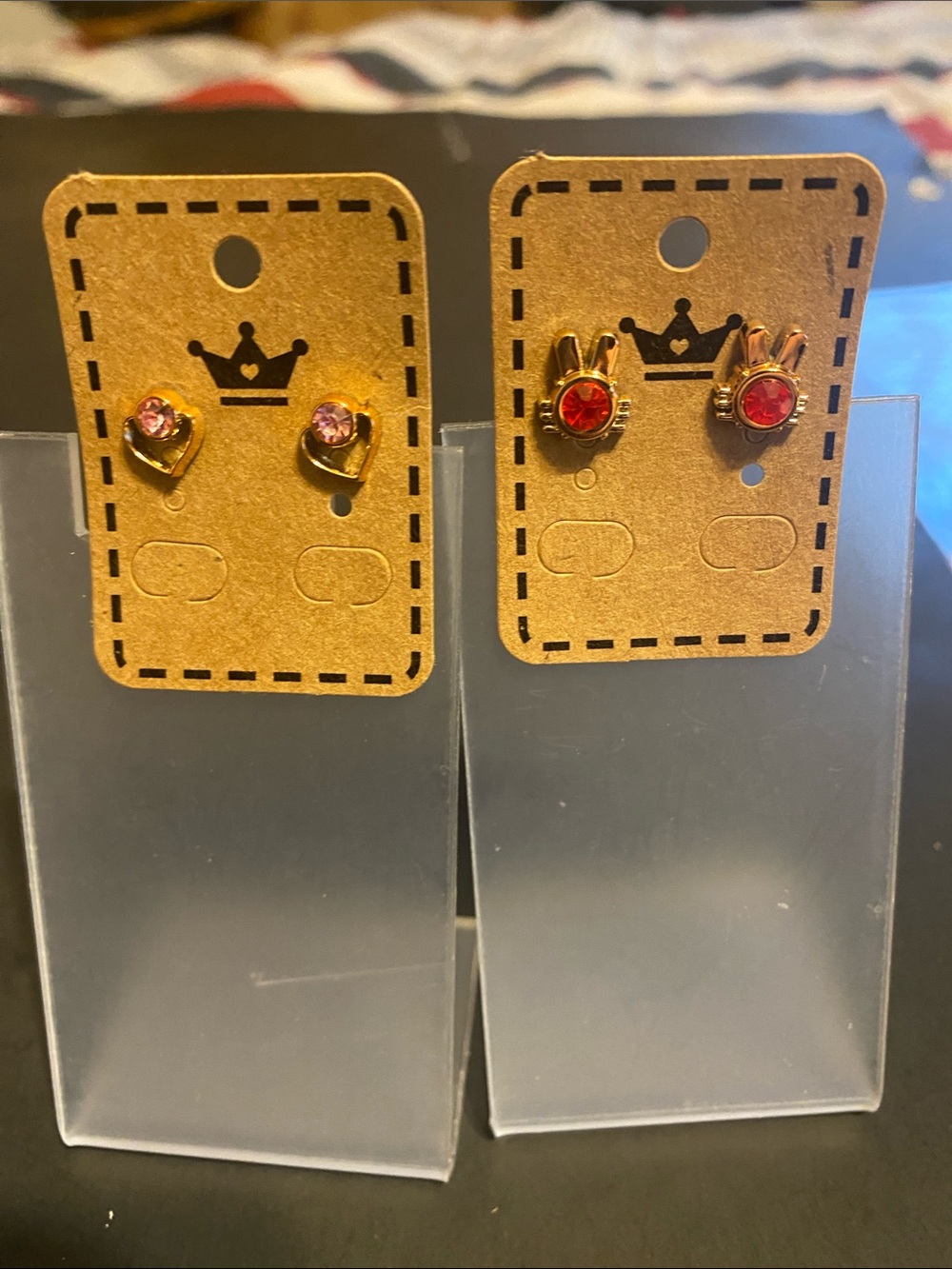 Gold-Tone Kids Heart & Bunny Stud Earrings with Pink and Red Crystals